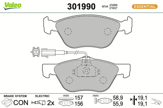 Bremsbelagsatz, Scheibenbremse Vorderachse VALEO 301990 Bild Bremsbelagsatz, Scheibenbremse Vorderachse VALEO 301990