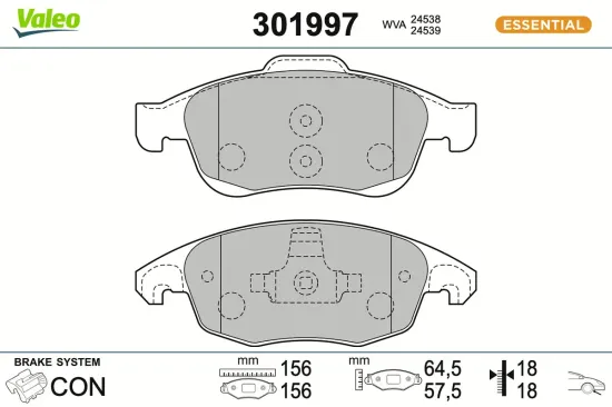 Bremsbelagsatz, Scheibenbremse Vorderachse VALEO 301997 Bild Bremsbelagsatz, Scheibenbremse Vorderachse VALEO 301997