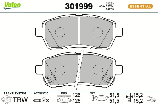 Bremsbelagsatz, Scheibenbremse Vorderachse VALEO 301999 Bild Bremsbelagsatz, Scheibenbremse Vorderachse VALEO 301999