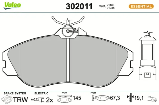 Bremsbelagsatz, Scheibenbremse Vorderachse VALEO 302011 Bild Bremsbelagsatz, Scheibenbremse Vorderachse VALEO 302011