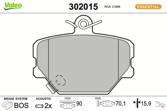 Bremsbelagsatz, Scheibenbremse Vorderachse VALEO 302015 Bild Bremsbelagsatz, Scheibenbremse Vorderachse VALEO 302015