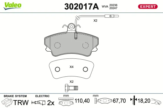 Bremsbelagsatz, Scheibenbremse Vorderachse VALEO 302017A Bild Bremsbelagsatz, Scheibenbremse Vorderachse VALEO 302017A
