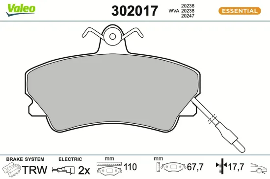 Bremsbelagsatz, Scheibenbremse Vorderachse VALEO 302017 Bild Bremsbelagsatz, Scheibenbremse Vorderachse VALEO 302017