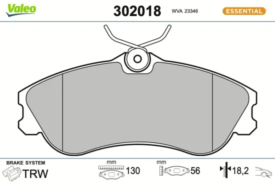 Bremsbelagsatz, Scheibenbremse Vorderachse VALEO 302018 Bild Bremsbelagsatz, Scheibenbremse Vorderachse VALEO 302018