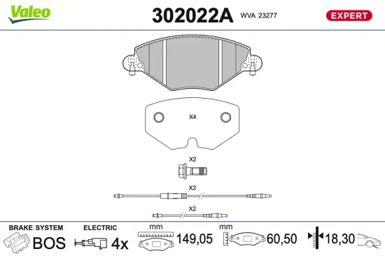 Bremsbelagsatz, Scheibenbremse Vorderachse VALEO 302022A Bild Bremsbelagsatz, Scheibenbremse Vorderachse VALEO 302022A