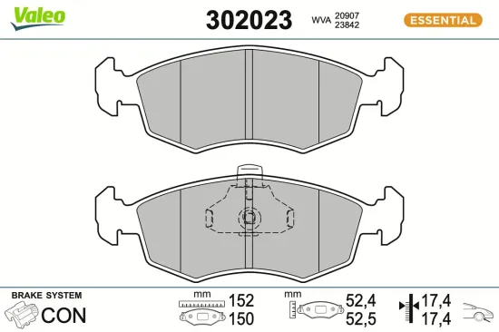 Bremsbelagsatz, Scheibenbremse Vorderachse VALEO 302023 Bild Bremsbelagsatz, Scheibenbremse Vorderachse VALEO 302023