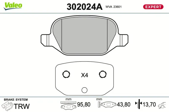 Bremsbelagsatz, Scheibenbremse Hinterachse VALEO 302024A Bild Bremsbelagsatz, Scheibenbremse Hinterachse VALEO 302024A