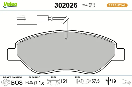 Bremsbelagsatz, Scheibenbremse Vorderachse VALEO 302026 Bild Bremsbelagsatz, Scheibenbremse Vorderachse VALEO 302026