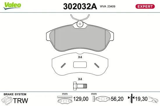 Bremsbelagsatz, Scheibenbremse Vorderachse VALEO 302032A Bild Bremsbelagsatz, Scheibenbremse Vorderachse VALEO 302032A