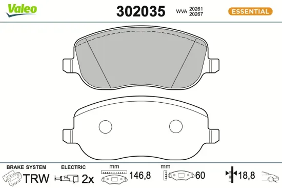Bremsbelagsatz, Scheibenbremse Vorderachse VALEO 302035 Bild Bremsbelagsatz, Scheibenbremse Vorderachse VALEO 302035