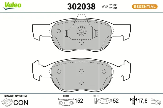Bremsbelagsatz, Scheibenbremse Vorderachse VALEO 302038 Bild Bremsbelagsatz, Scheibenbremse Vorderachse VALEO 302038