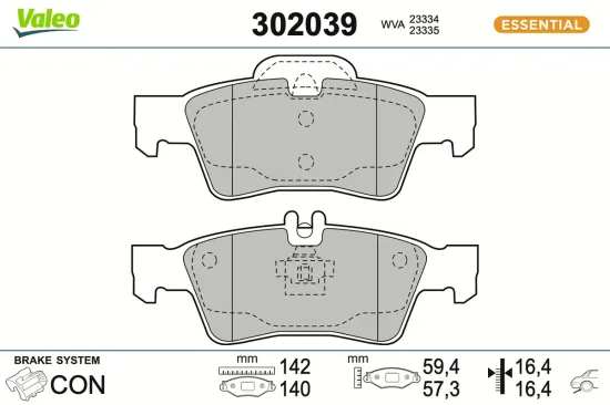 Bremsbelagsatz, Scheibenbremse Hinterachse VALEO 302039 Bild Bremsbelagsatz, Scheibenbremse Hinterachse VALEO 302039
