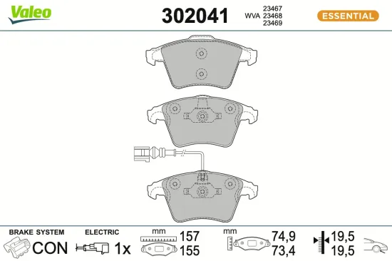 Bremsbelagsatz, Scheibenbremse Vorderachse VALEO 302041 Bild Bremsbelagsatz, Scheibenbremse Vorderachse VALEO 302041