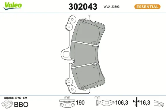 Bremsbelagsatz, Scheibenbremse Vorderachse VALEO 302043 Bild Bremsbelagsatz, Scheibenbremse Vorderachse VALEO 302043