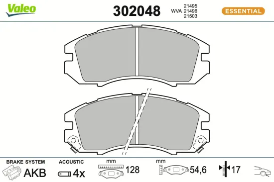 Bremsbelagsatz, Scheibenbremse Vorderachse VALEO 302048 Bild Bremsbelagsatz, Scheibenbremse Vorderachse VALEO 302048