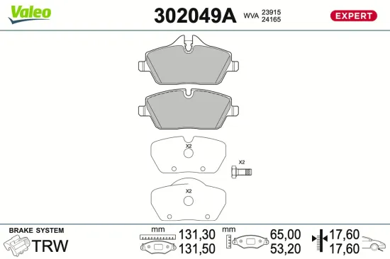 Bremsbelagsatz, Scheibenbremse Vorderachse VALEO 302049A Bild Bremsbelagsatz, Scheibenbremse Vorderachse VALEO 302049A