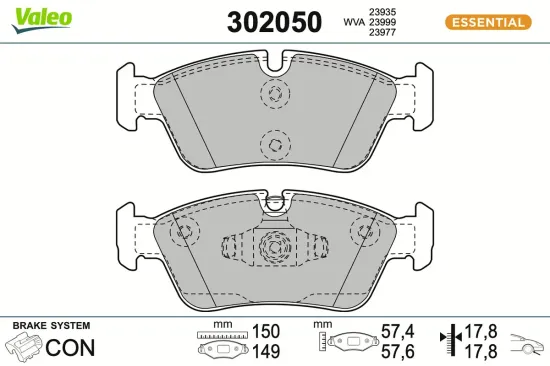 Bremsbelagsatz, Scheibenbremse Vorderachse VALEO 302050 Bild Bremsbelagsatz, Scheibenbremse Vorderachse VALEO 302050