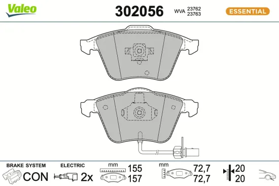 Bremsbelagsatz, Scheibenbremse Vorderachse VALEO 302056 Bild Bremsbelagsatz, Scheibenbremse Vorderachse VALEO 302056
