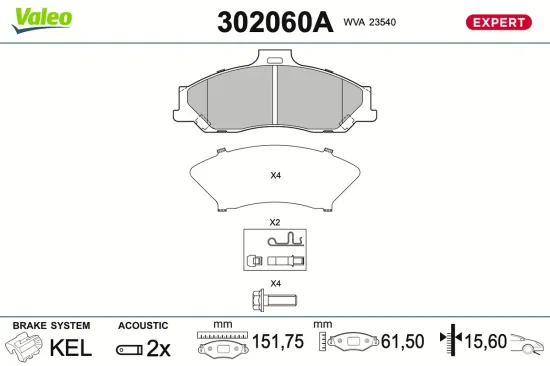 Bremsbelagsatz, Scheibenbremse Vorderachse VALEO 302060A Bild Bremsbelagsatz, Scheibenbremse Vorderachse VALEO 302060A