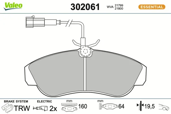 Bremsbelagsatz, Scheibenbremse Vorderachse VALEO 302061 Bild Bremsbelagsatz, Scheibenbremse Vorderachse VALEO 302061