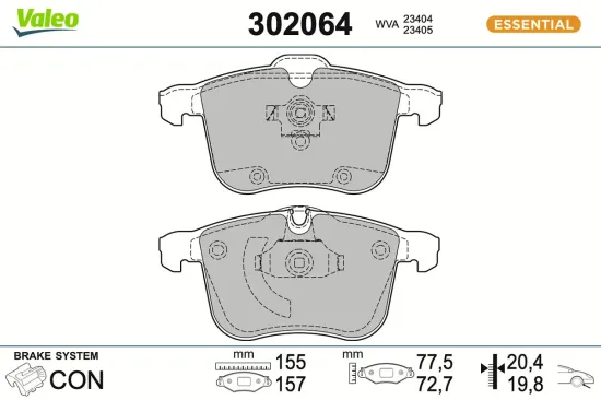 Bremsbelagsatz, Scheibenbremse Vorderachse VALEO 302064 Bild Bremsbelagsatz, Scheibenbremse Vorderachse VALEO 302064