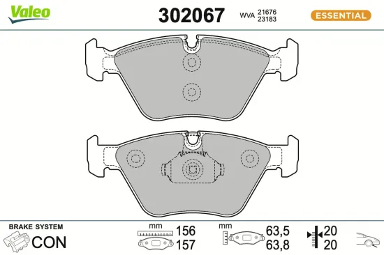 Bremsbelagsatz, Scheibenbremse Vorderachse VALEO 302067 Bild Bremsbelagsatz, Scheibenbremse Vorderachse VALEO 302067