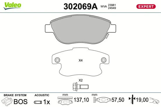 Bremsbelagsatz, Scheibenbremse Vorderachse VALEO 302069A Bild Bremsbelagsatz, Scheibenbremse Vorderachse VALEO 302069A