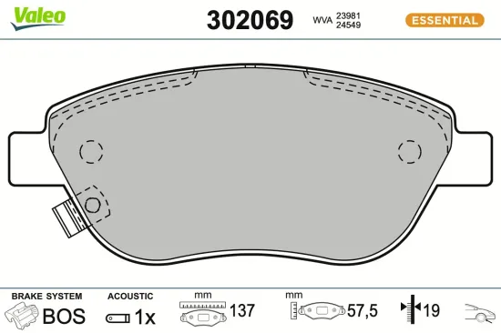 Bremsbelagsatz, Scheibenbremse Vorderachse VALEO 302069 Bild Bremsbelagsatz, Scheibenbremse Vorderachse VALEO 302069