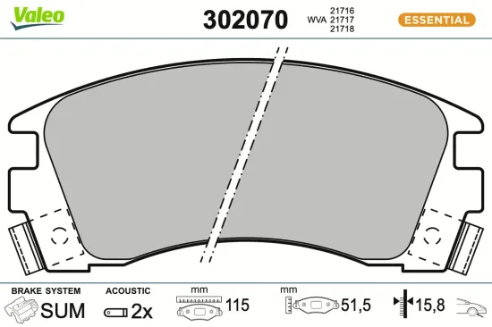 Bremsbelagsatz, Scheibenbremse Vorderachse VALEO 302070 Bild Bremsbelagsatz, Scheibenbremse Vorderachse VALEO 302070