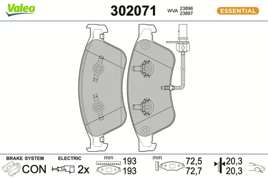 Bremsbelagsatz, Scheibenbremse Vorderachse VALEO 302071 Bild Bremsbelagsatz, Scheibenbremse Vorderachse VALEO 302071