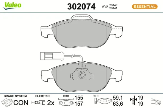 Bremsbelagsatz, Scheibenbremse Vorderachse VALEO 302074 Bild Bremsbelagsatz, Scheibenbremse Vorderachse VALEO 302074