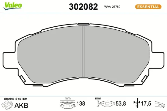 Bremsbelagsatz, Scheibenbremse Vorderachse VALEO 302082 Bild Bremsbelagsatz, Scheibenbremse Vorderachse VALEO 302082