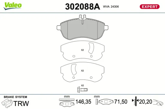 Bremsbelagsatz, Scheibenbremse Vorderachse VALEO 302088A Bild Bremsbelagsatz, Scheibenbremse Vorderachse VALEO 302088A