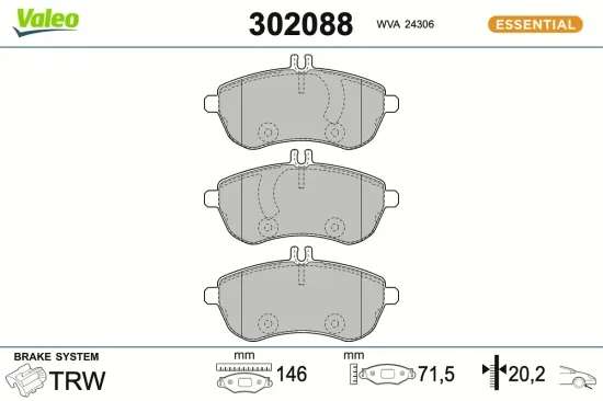 Bremsbelagsatz, Scheibenbremse Vorderachse VALEO 302088 Bild Bremsbelagsatz, Scheibenbremse Vorderachse VALEO 302088