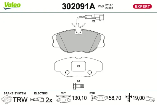 Bremsbelagsatz, Scheibenbremse Vorderachse VALEO 302091A Bild Bremsbelagsatz, Scheibenbremse Vorderachse VALEO 302091A