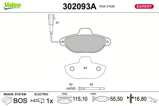 Bremsbelagsatz, Scheibenbremse Vorderachse VALEO 302093A Bild Bremsbelagsatz, Scheibenbremse Vorderachse VALEO 302093A