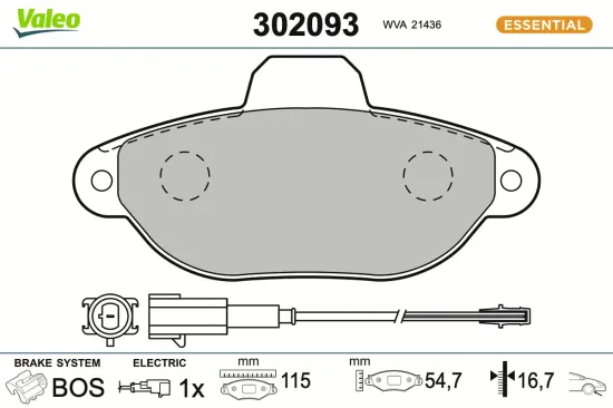 Bremsbelagsatz, Scheibenbremse Vorderachse VALEO 302093 Bild Bremsbelagsatz, Scheibenbremse Vorderachse VALEO 302093
