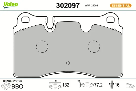 Bremsbelagsatz, Scheibenbremse Vorderachse VALEO 302097 Bild Bremsbelagsatz, Scheibenbremse Vorderachse VALEO 302097