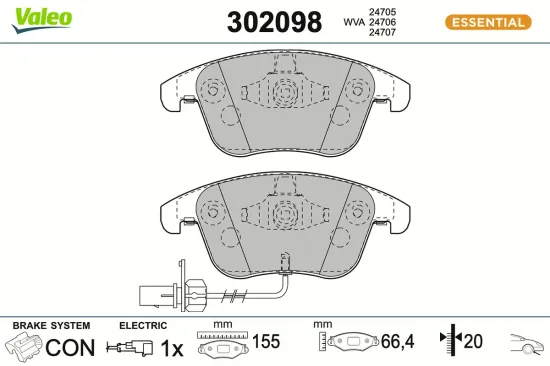 Bremsbelagsatz, Scheibenbremse Vorderachse VALEO 302098 Bild Bremsbelagsatz, Scheibenbremse Vorderachse VALEO 302098