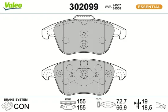 Bremsbelagsatz, Scheibenbremse Vorderachse VALEO 302099 Bild Bremsbelagsatz, Scheibenbremse Vorderachse VALEO 302099