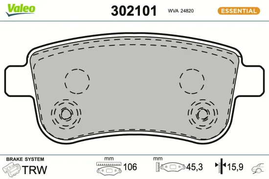 Bremsbelagsatz, Scheibenbremse Hinterachse VALEO 302101 Bild Bremsbelagsatz, Scheibenbremse Hinterachse VALEO 302101