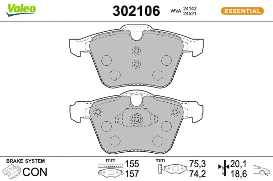 Bremsbelagsatz, Scheibenbremse Vorderachse VALEO 302106 Bild Bremsbelagsatz, Scheibenbremse Vorderachse VALEO 302106