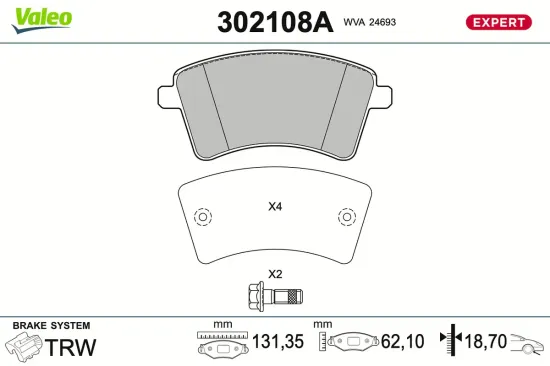 Bremsbelagsatz, Scheibenbremse Vorderachse VALEO 302108A Bild Bremsbelagsatz, Scheibenbremse Vorderachse VALEO 302108A