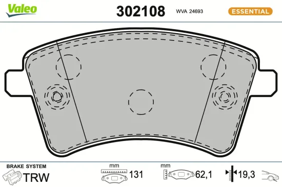 Bremsbelagsatz, Scheibenbremse Vorderachse VALEO 302108 Bild Bremsbelagsatz, Scheibenbremse Vorderachse VALEO 302108