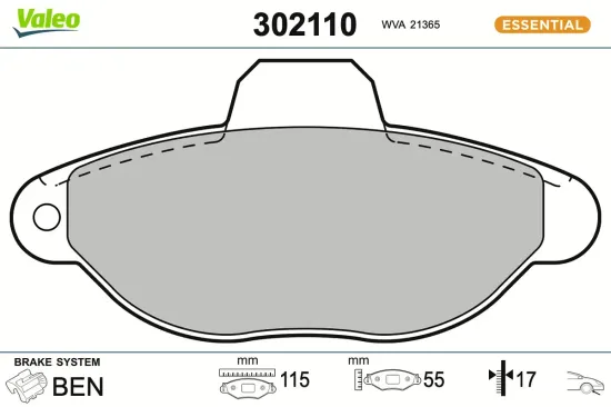 Bremsbelagsatz, Scheibenbremse Vorderachse VALEO 302110 Bild Bremsbelagsatz, Scheibenbremse Vorderachse VALEO 302110