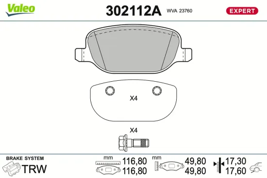 Bremsbelagsatz, Scheibenbremse Hinterachse VALEO 302112A Bild Bremsbelagsatz, Scheibenbremse Hinterachse VALEO 302112A