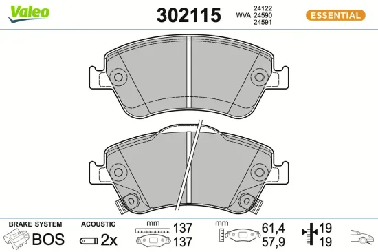 Bremsbelagsatz, Scheibenbremse Vorderachse VALEO 302115 Bild Bremsbelagsatz, Scheibenbremse Vorderachse VALEO 302115