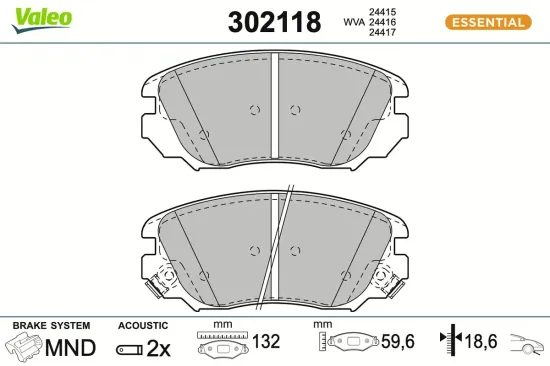 Bremsbelagsatz, Scheibenbremse Vorderachse VALEO 302118 Bild Bremsbelagsatz, Scheibenbremse Vorderachse VALEO 302118