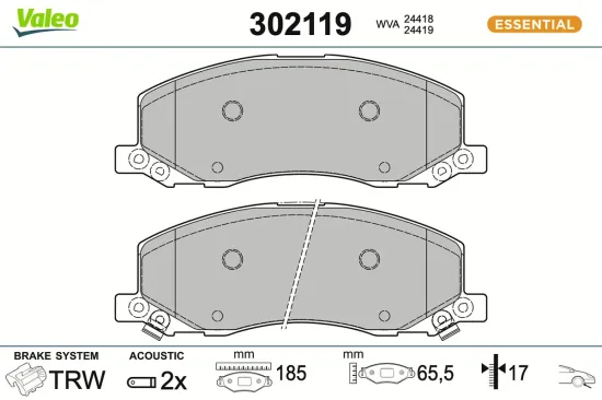 Bremsbelagsatz, Scheibenbremse Vorderachse VALEO 302119 Bild Bremsbelagsatz, Scheibenbremse Vorderachse VALEO 302119