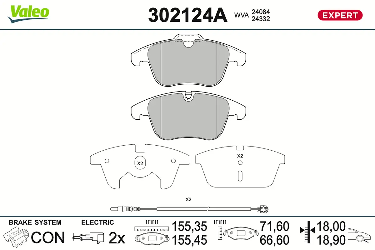 Bremsbelagsatz, Scheibenbremse Vorderachse VALEO 302124A